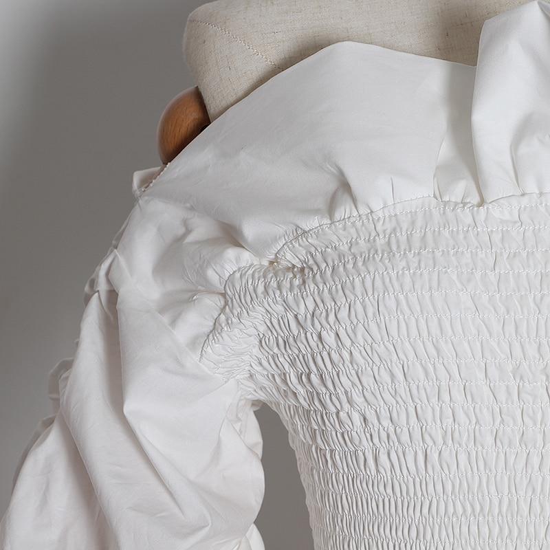 Dam Skjorta Rynkad Mjuk Bomull med Lutande Nackdekoration-3