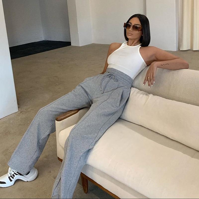 Dam Sweatpants Hög Midja Grå Mjukisbyxor i Bomull och Polyester-1