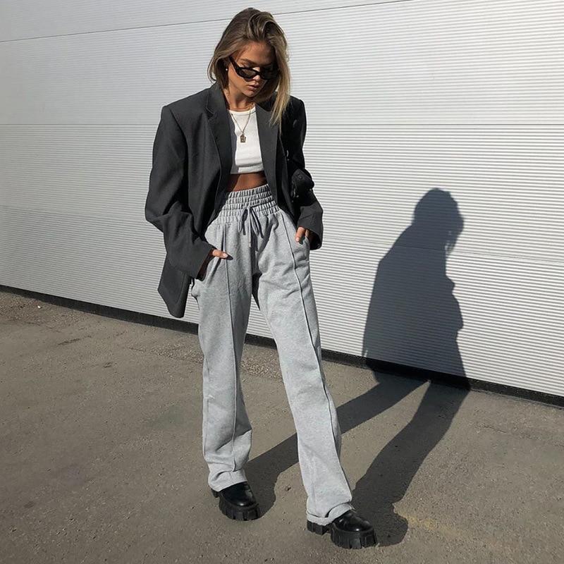 Dam Sweatpants Hög Midja Grå Mjukisbyxor i Bomull och Polyester-2