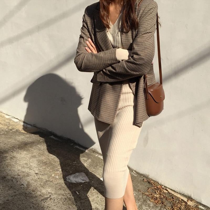 Dam Blazer Retro Höftlängd Kontrollmönster Bomull Polyester-2