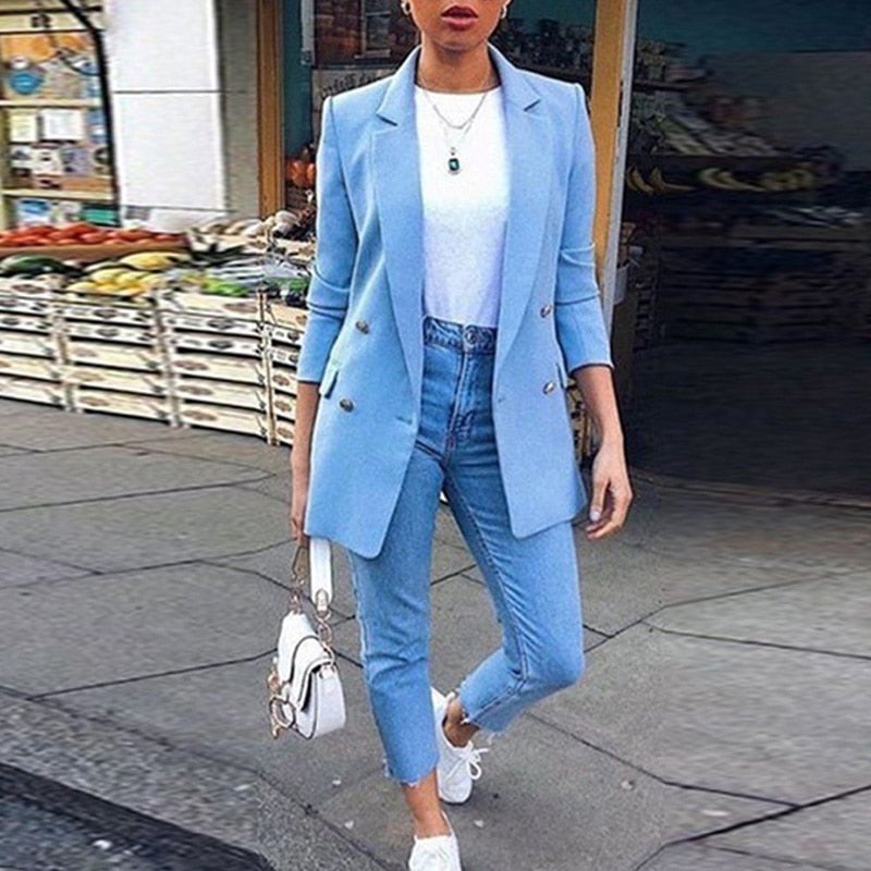 Dam Blazer Lång Midja Snitt Bomull Polyester-5