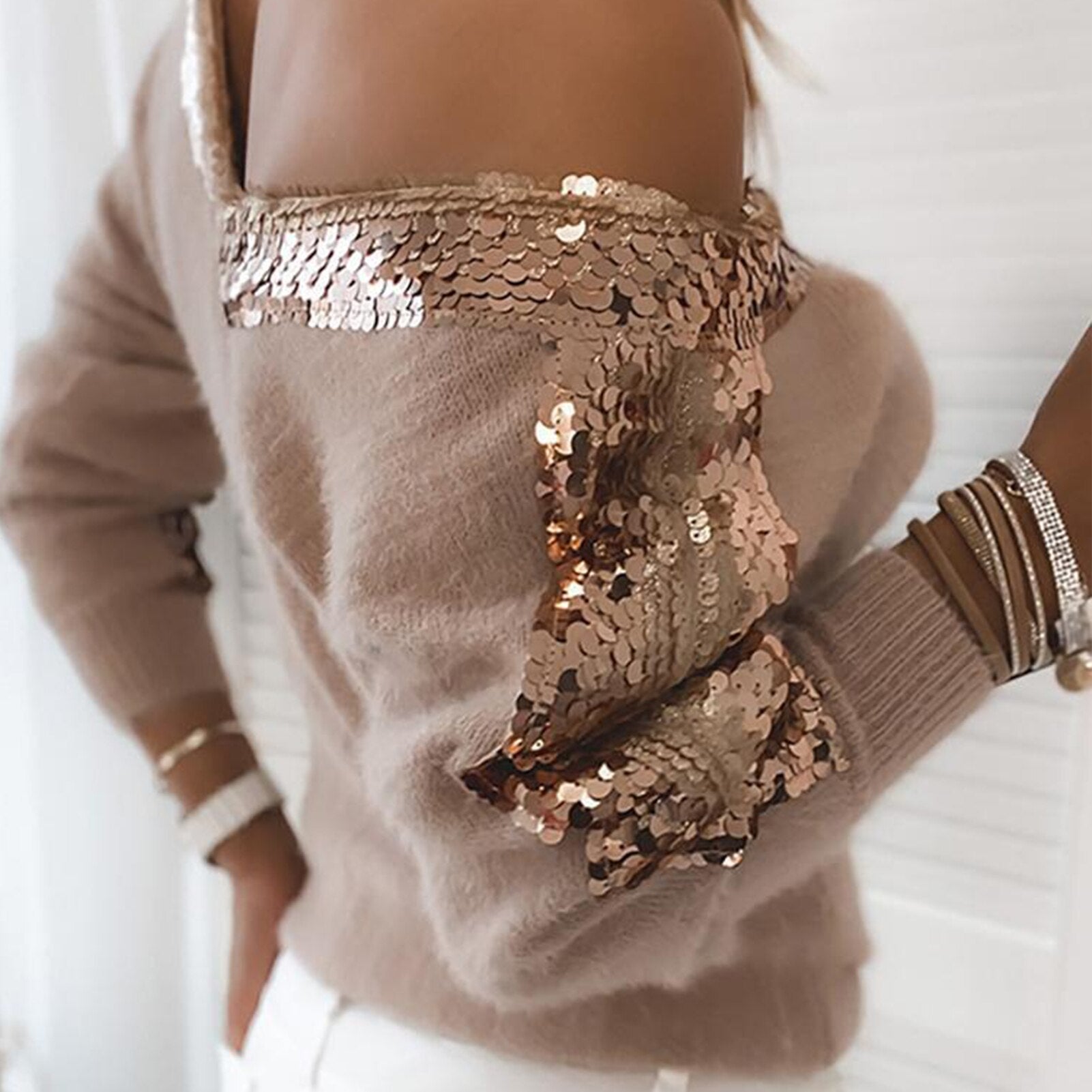 Stickad Dam Tröja med V-ringning och Paljetter, Eleganta Bat Ärmar, Mjuk Bomull och Polyester-2