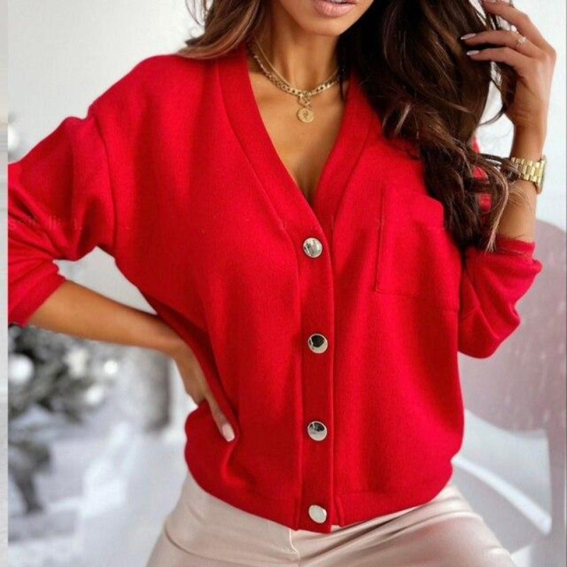 Dam Kardigan Långärmad Viskosblandning Höftlängd-5