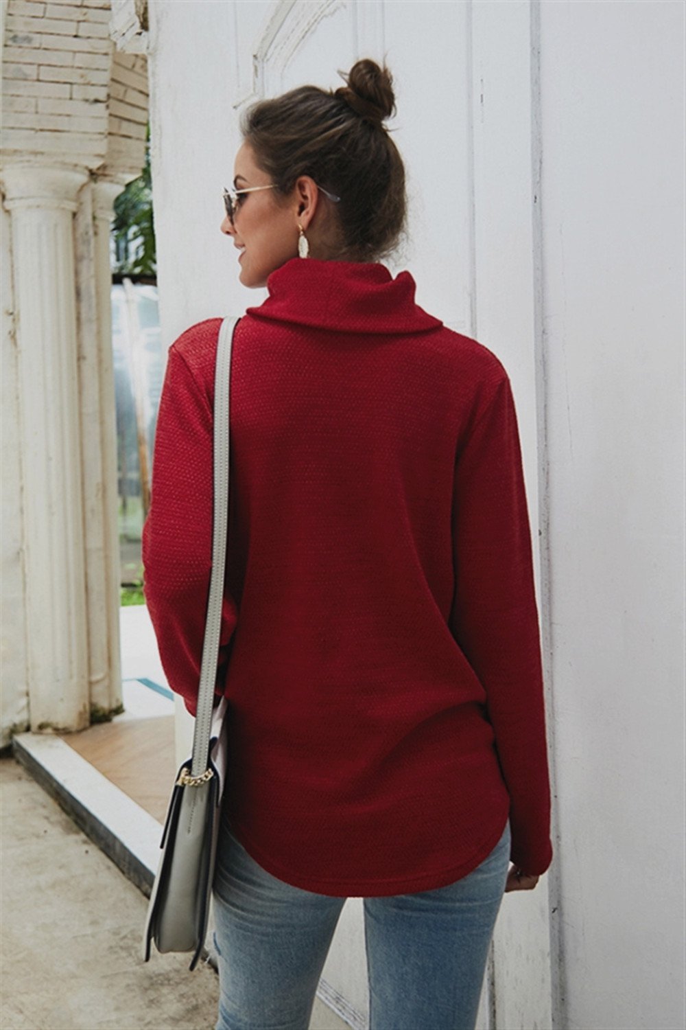 Dam Hög Krage Twist Tröja i Polyester Smal Passform-6