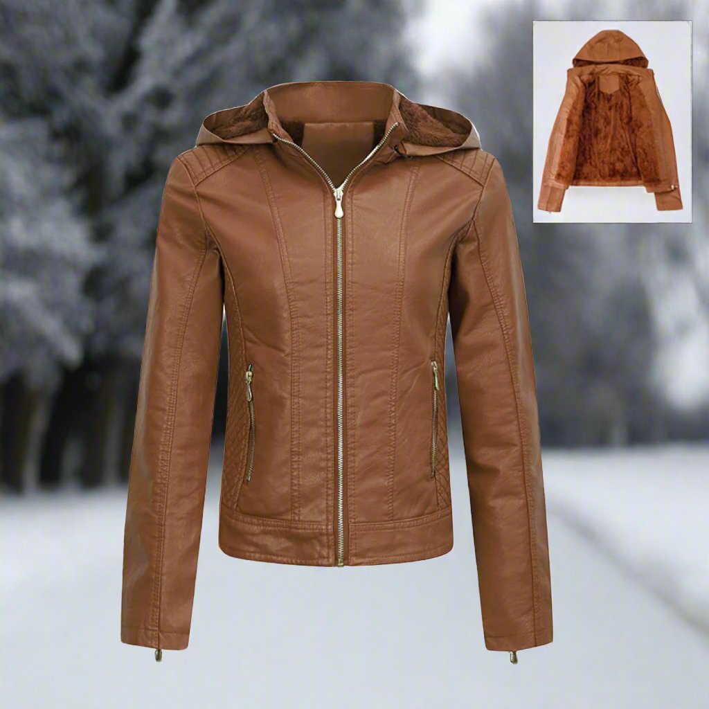 Dam Vinterjacka Med Huva Syntetiskt Läder Figursydd Design-2