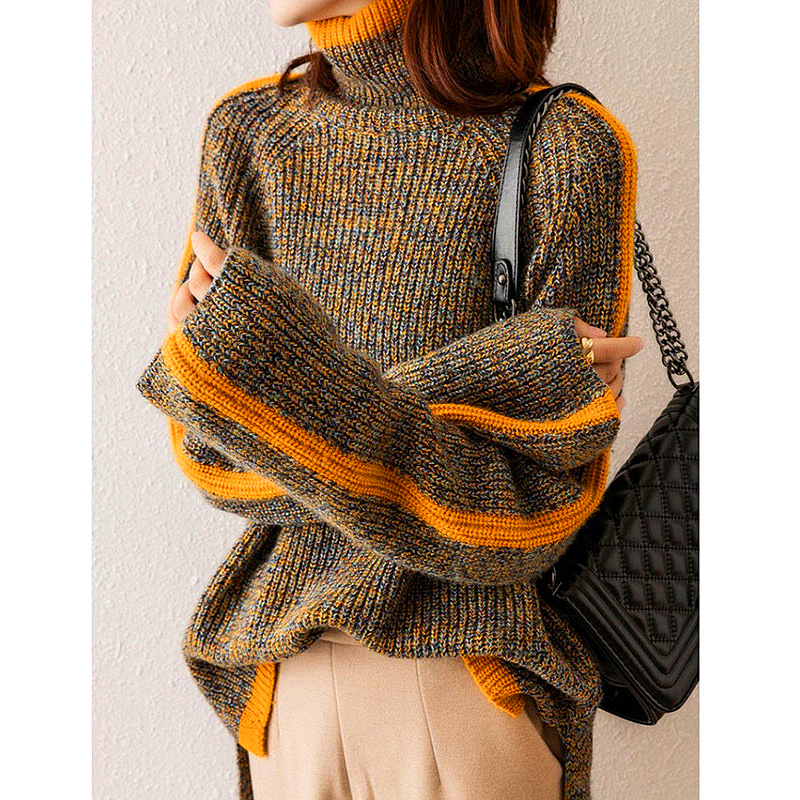 Dam Turtleneck Tröja Överdimensionerad i Mjuk Material med Orange Ränder-3