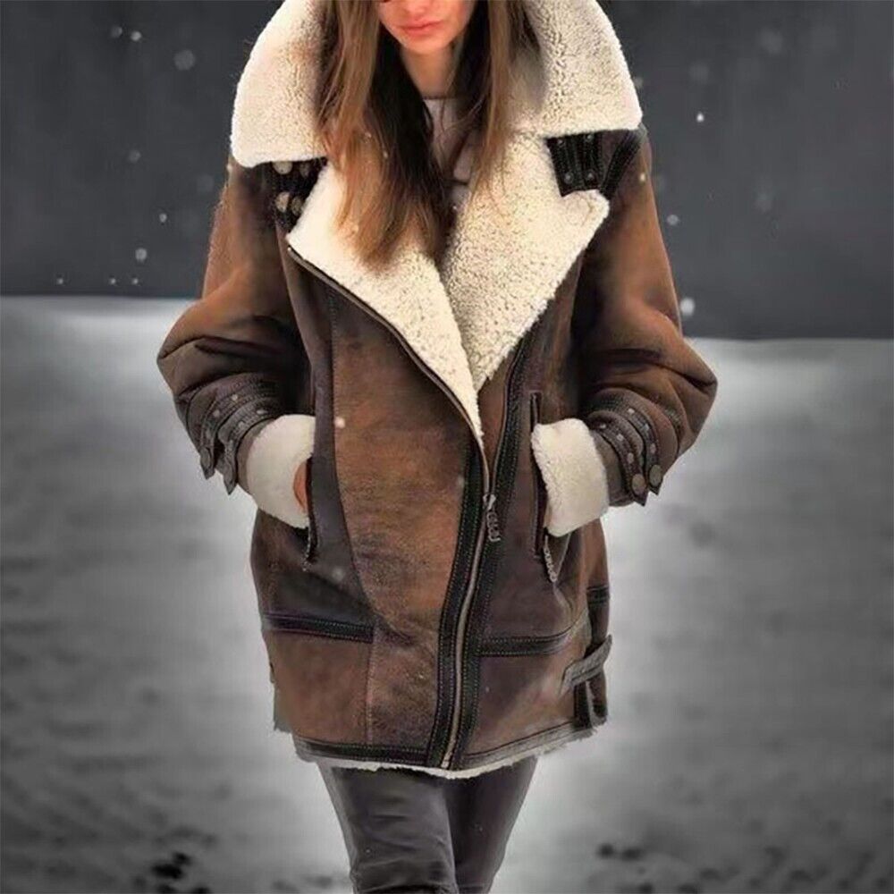 Damjacka Sherpa Läderliknande Stil Varm och Elegant Jacka för Damer 8