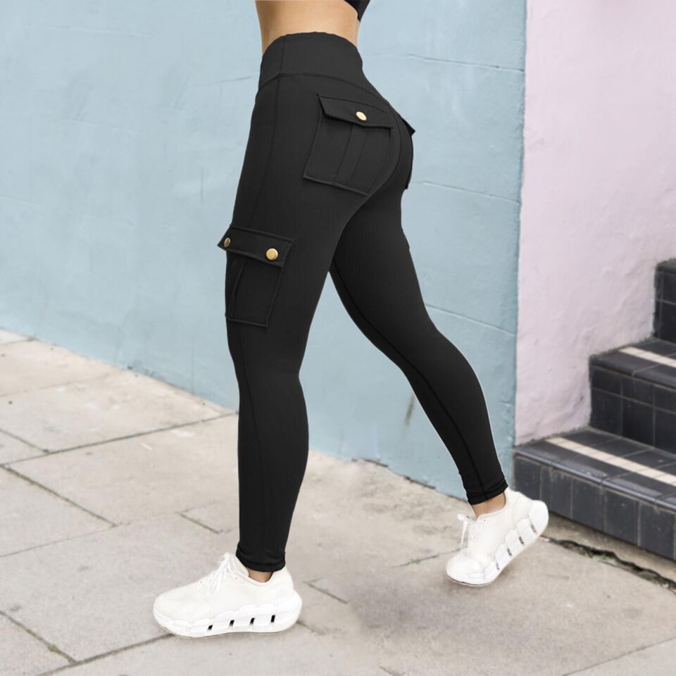 Dam Sportleggings Hög Midja med Väskor och Trendig Design-3
