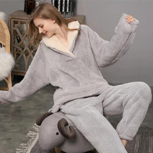 Dam Pyjamas Set Långärmad Fleece med Matchande Pyjamasbyxor-5