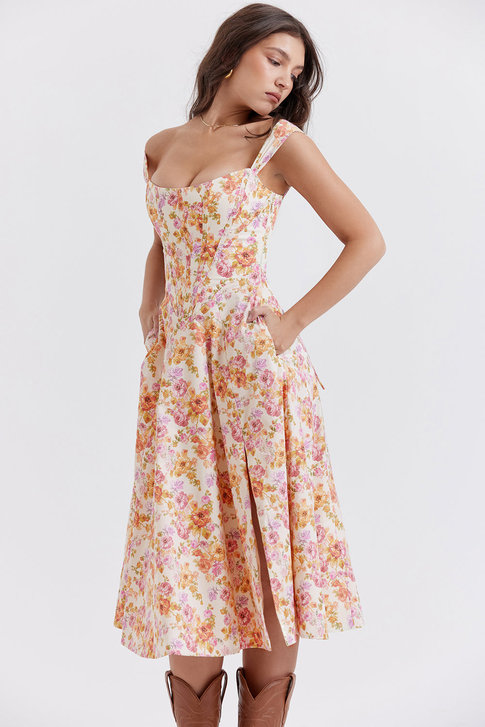 Midi Klänning med Blommönster i Polyester – Elegant och Bekväm Passform för Sommarens Festligheter 4