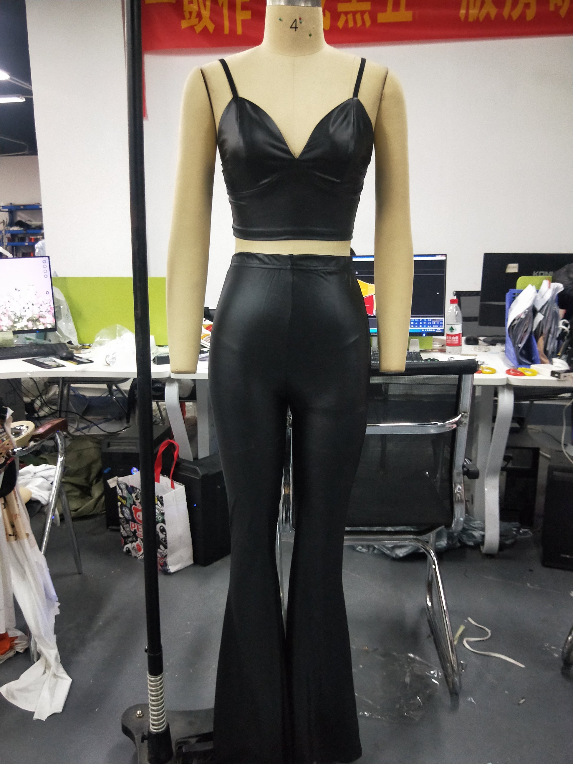 Matchande Set Dam Lång Hosen Monokrom Syntetiskt Läder-2