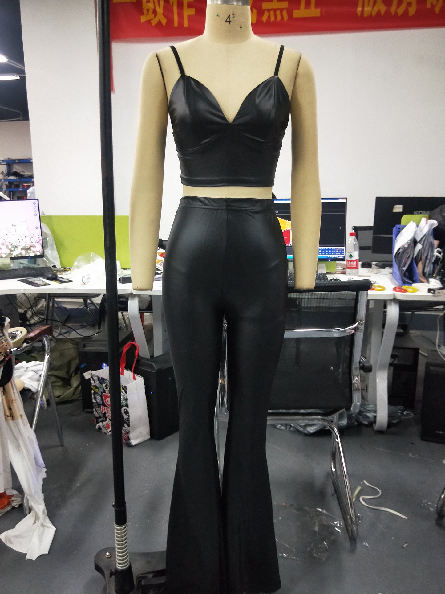 Matchande Set Dam Lång Hosen Monokrom Syntetiskt Läder-2