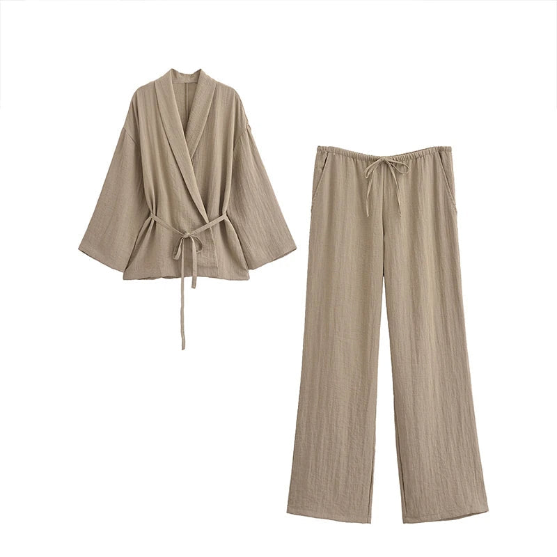 Variant image for Dam Set V-formad Wrap Top Vida Byxor Andningsbart Tyg-5