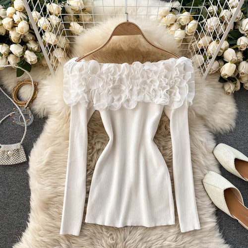 Dam Blus Utdrag Utanför Axlarna Polyester med 3D-Blommönster-1
