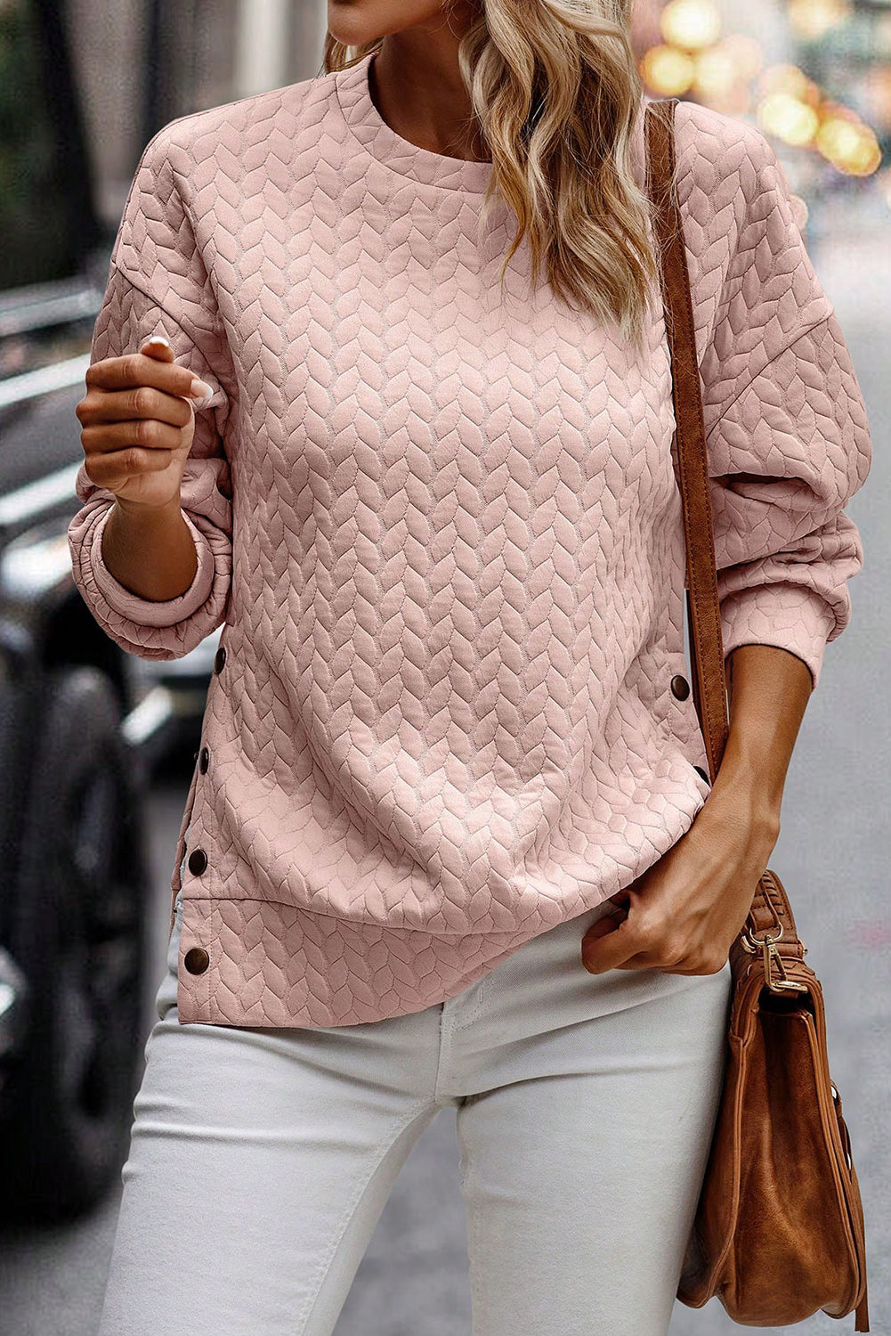 Kvinnor Stickad Kofta med Sidoknappar Ribbade Material-4