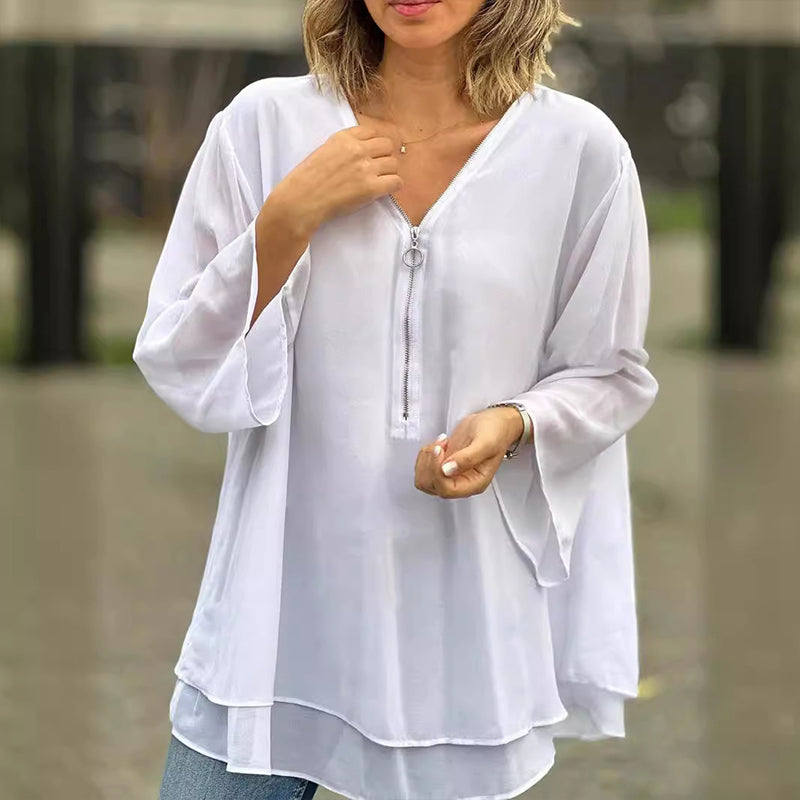 Chiffong Blus för Dam med V-hals och Dragkedja – Elegant och Lätt Casual Blus 10