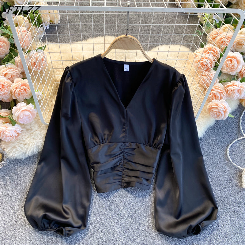 Vit Dam Blus V-ringad Kortärmad Polyester med Puffärmar-2