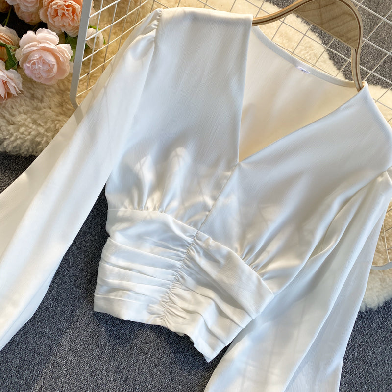 Vit Dam Blus V-ringad Kortärmad Polyester med Puffärmar-5