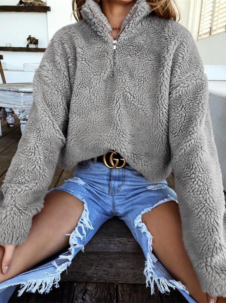 Dam Tröja Hög Krage Avslappnad Bomull och Polyester-4