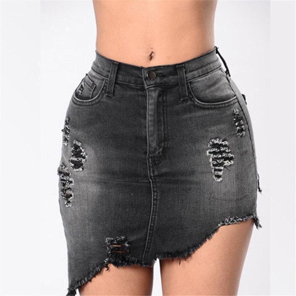 Asymmetrisk Jeanskjol Dam med Slitningar – Kort Denimkjol med Hög Midja och Praktiska Fickor 7