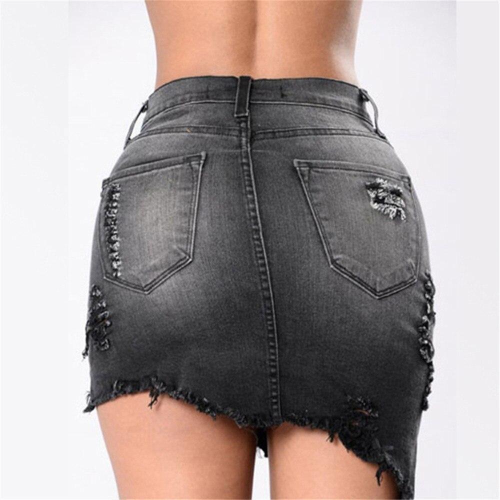 Asymmetrisk Jeanskjol Dam med Slitningar – Kort Denimkjol med Hög Midja och Praktiska Fickor 4
