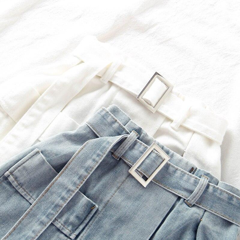 Kort Jeanskjol Dam med Fickor i Denim – Trapezoidalt Snitt, Justerbar Midja, Blå eller Vit Kjol 5