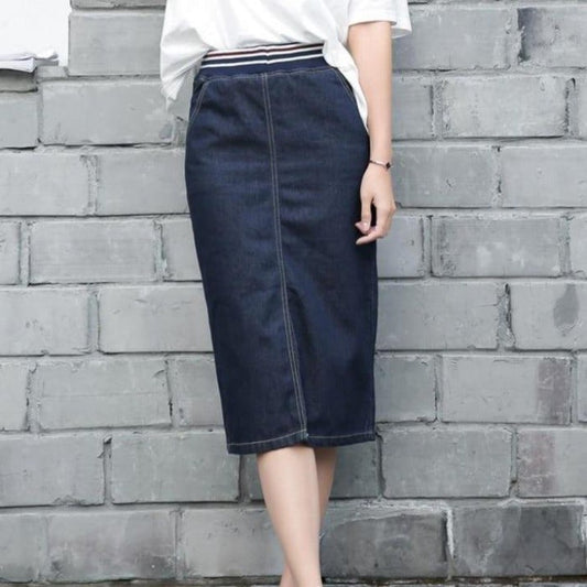 Dam Jeanskjol Midi Elastiskt Midjeband Denim-1