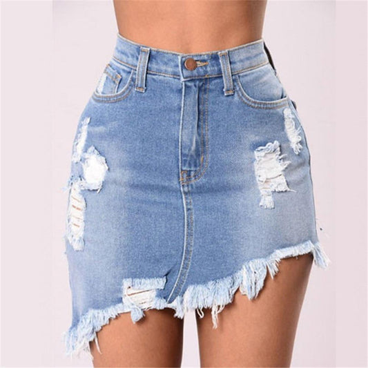 Asymmetrisk Jeanskjol Dam med Slitningar â Kort Denimkjol med Hög Midja och Praktiska Fickor 1