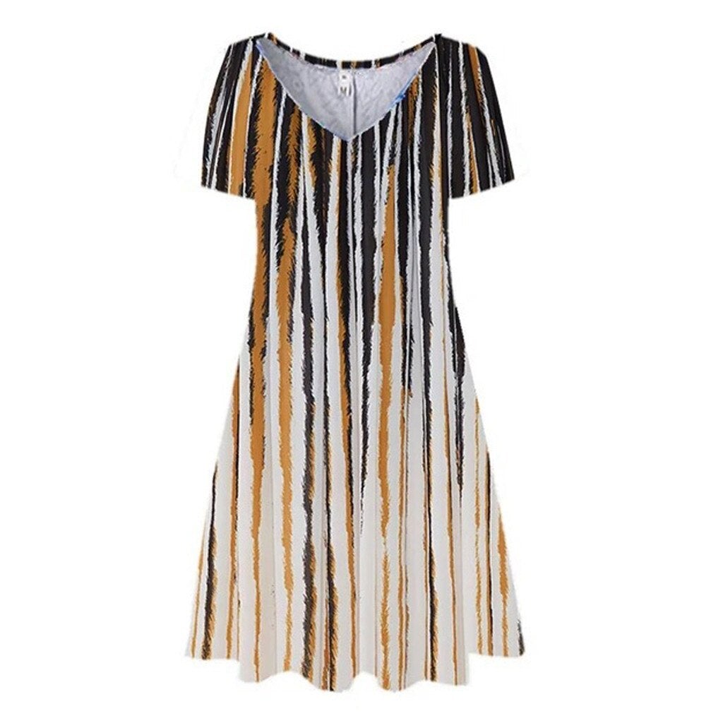Midi Klänning för Kvinna med Randigt Mönster i Polyester – V-ringning och Korta Ärmar, Perfekt för Vardag och Fest 2