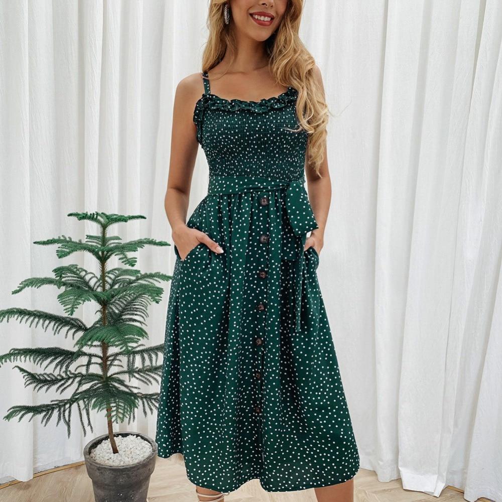 Damklänning med Prickar och Ruffles i Flödande Tyg, Fina Dam Klänningar 5