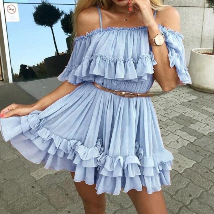 Variant image for Damklänning A-linje Ruffles Polyester Utsatta Axlar-4