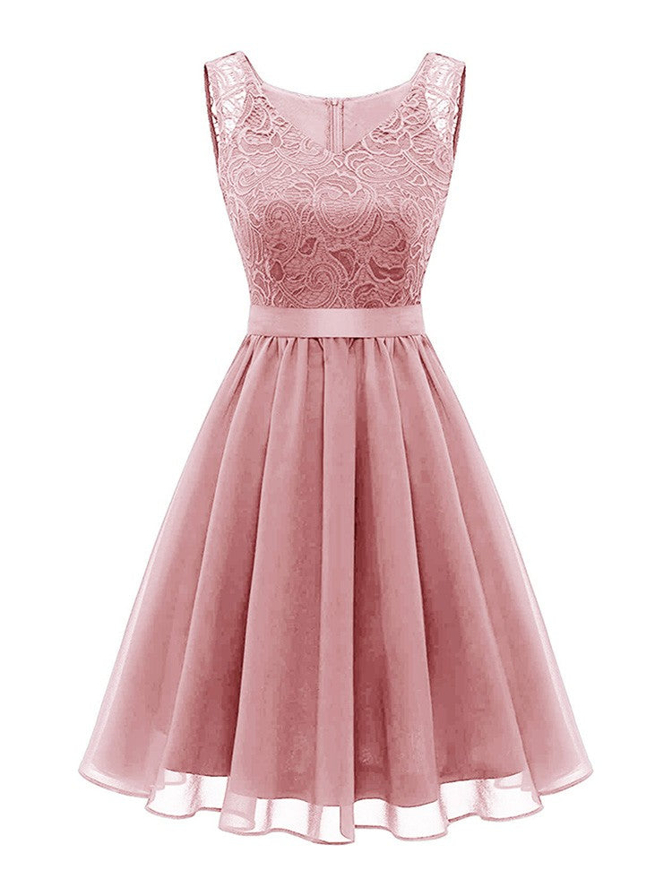 Kvinnors Midi Klänning V-ringning Spetsdetaljer Polyester-6