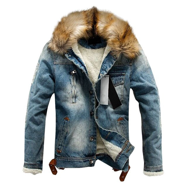 Damer Denimjacka Med Syntetisk Pälskrage Tjock Varma Fickor-4