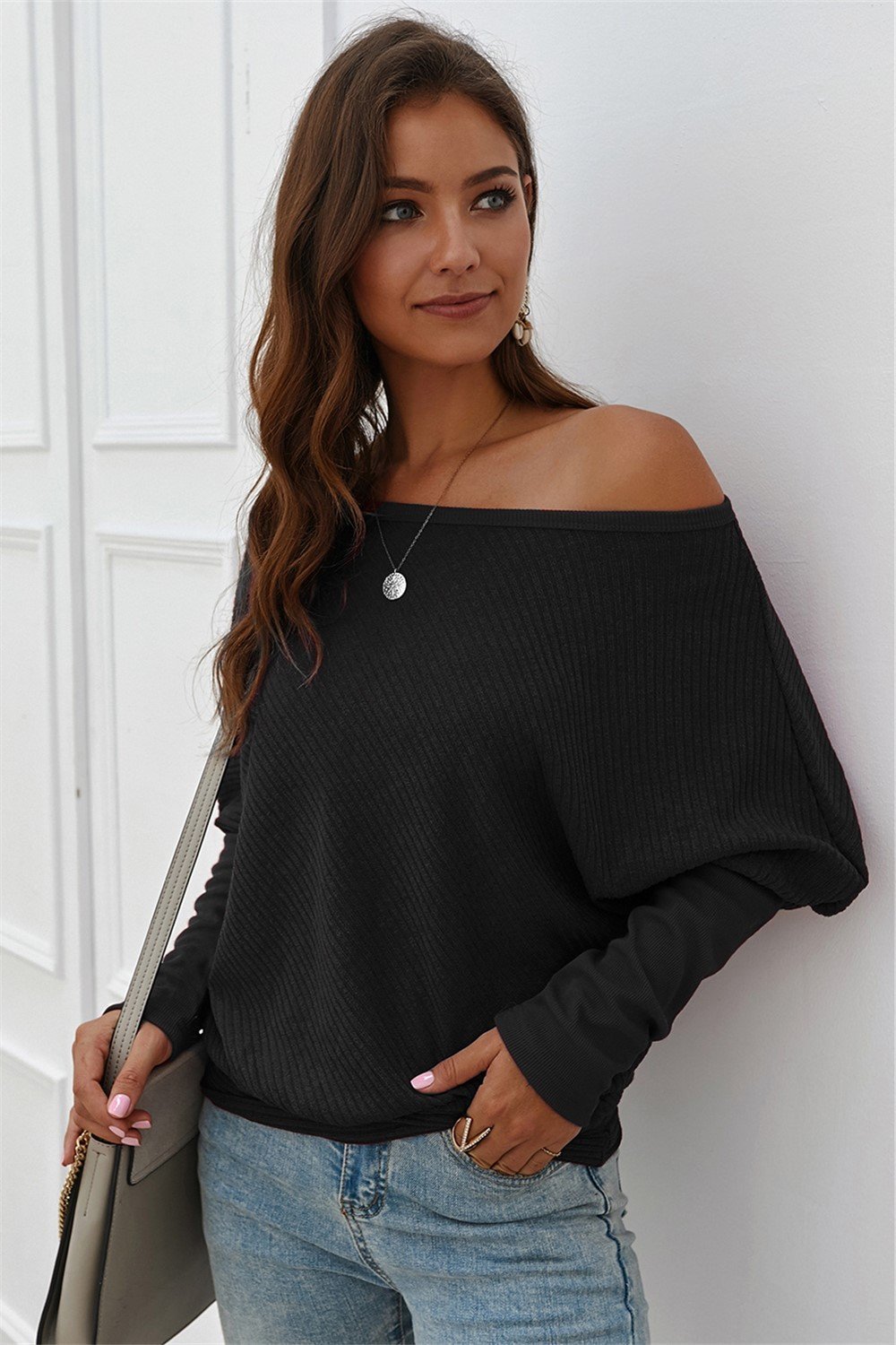 Stickad Dam Tröja Långa Ärmar Rund Hals Mjuk Polyester-6