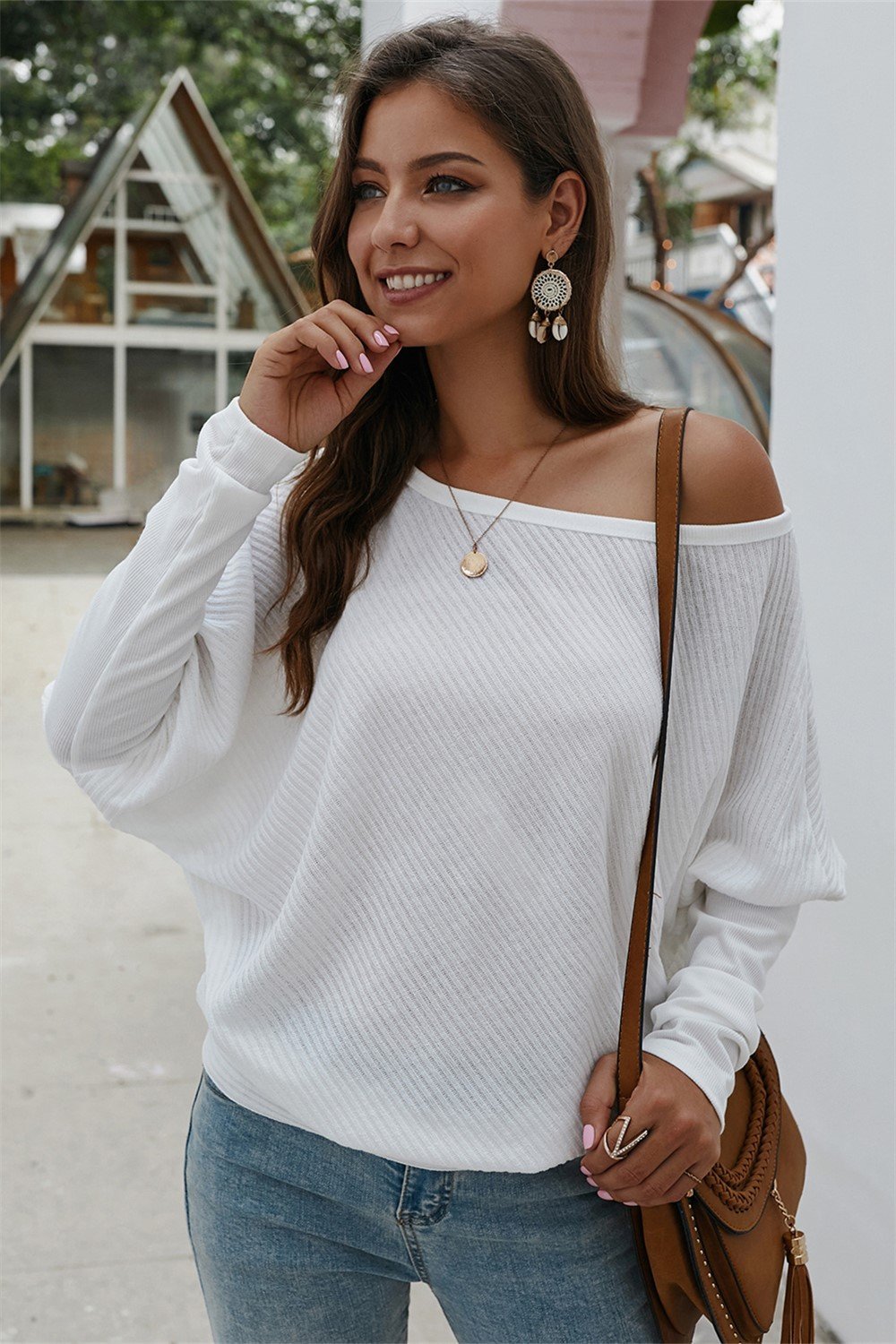 Stickad Dam Tröja Långa Ärmar Rund Hals Mjuk Polyester-3