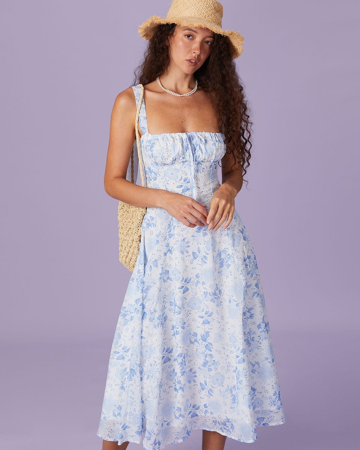 Kvinna Midi Klänning Blommönster Fyrkantig Halsringning Polyester Elastan-5