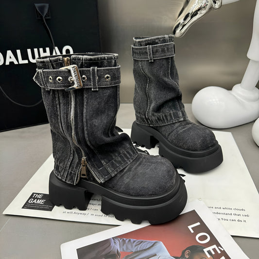 Kvinnors Mittkalvstövlar Cowboystil Syntetiskt Läder Plattform-1