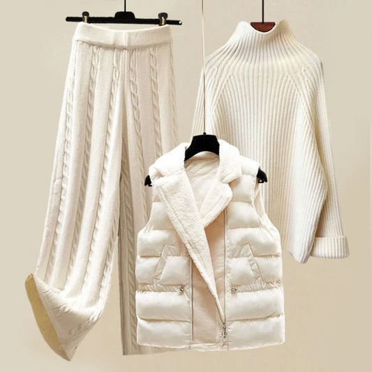 Dam Turtleneck Set Kabelstickad Borstad Bomull 1