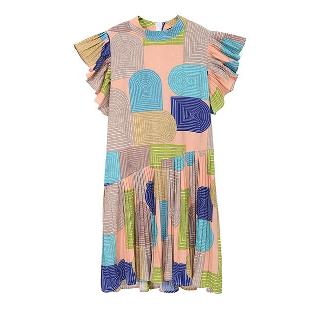 Dam Midiklänning Geometrisk Design med Fjärilärmar i Bomull och Viskos-1