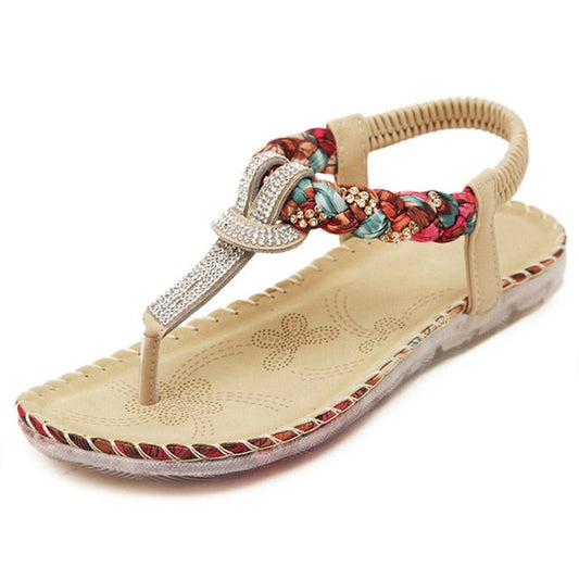 Boho Sandaler Dam T-strap med Strassdetaljer â PU-lĂ€der, Platta, Ăppen TĂ„, Elastiska Band 1