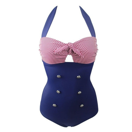 Baddräkt Dam Randig med Knapp Polyester 1