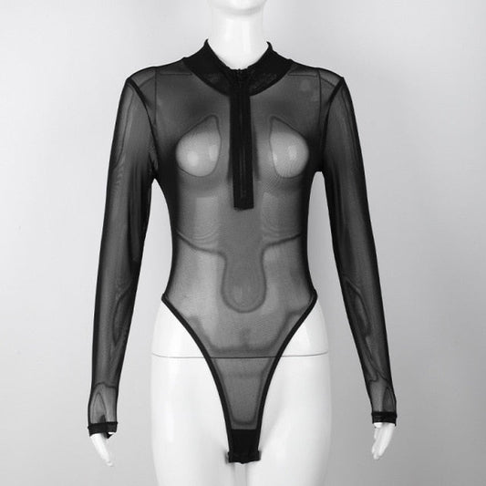 Bodysuit Dam Transparent LÄngÀrmad Spandex med Dragkedja och Stativkrage-1