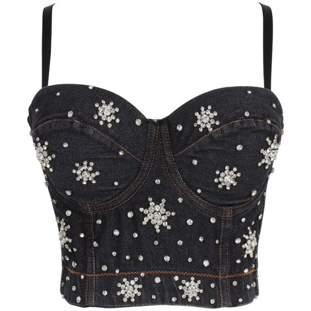 Dam Bustier Justerbar Denim med Pärldetaljer-1