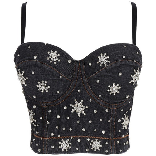 Dam Bustier Justerbar Denim med Pärldetaljer-1