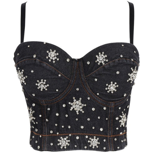 Dam Bustier Justerbar Denim med PĂ€rldetaljer-1