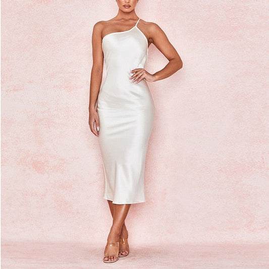 Kvinnors Midi Klänning En Axel Polyester Spandex-1