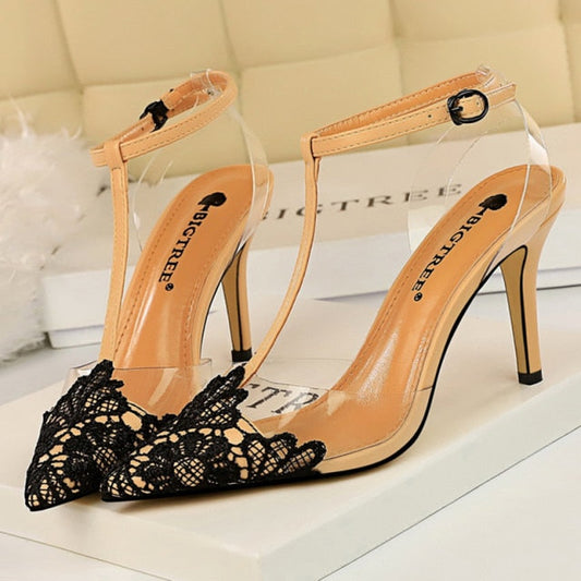 Dam Pumps Ankelremmar Spetsiga TÄr PU Hög Klack-1