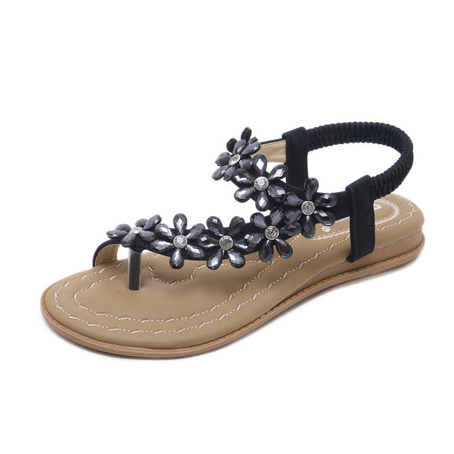 Sandaler Dam T-Band i PU-Läder med Blommor och Strass – Öppen Sula för Komfort och Stil 8