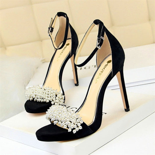 Dam Sandaler Runda TÄr Smyckade Remmar Flock Tyg Extra Hög Klack-1