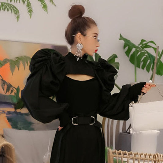 Dam Blus Puffärmar Stativkrage Bomull Polyester 1